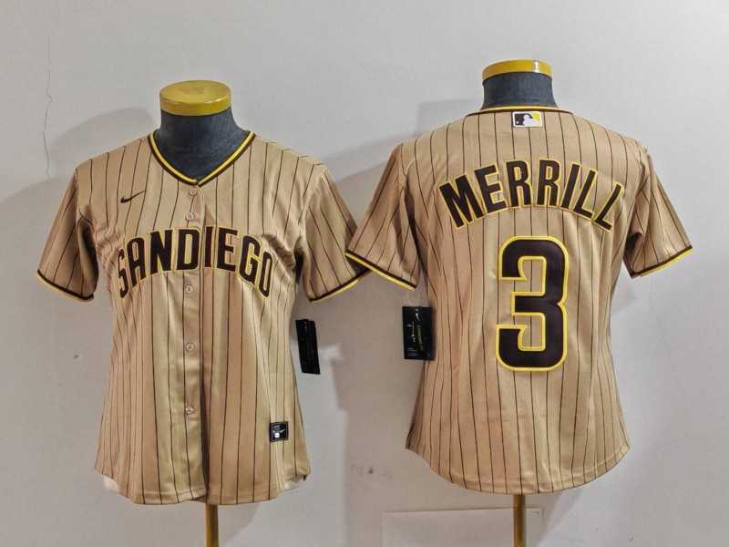 Women%27s San Diego Padres #3 Jackson Merrill Tan Stitched Baseball Jersey(Run Small)